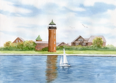 Postkarte DIN-A5  Aquarell Maritim Kunst Druck Kunstdruck Nordsee Cuxhaven Leuchtturm Alte Liebe